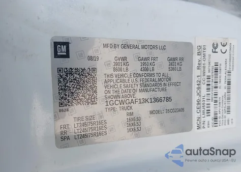 2019 Chevrolet Express 2500 Work Van z USA, uszkodzony, nr VIN 1GCWGAF13K1366785